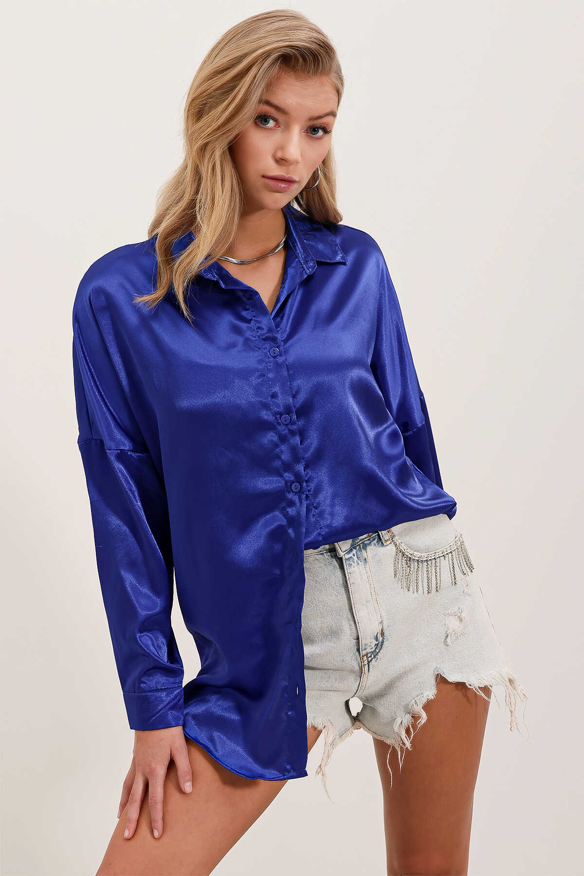 3985 Oversize Saten Gömlek - Saks - 3