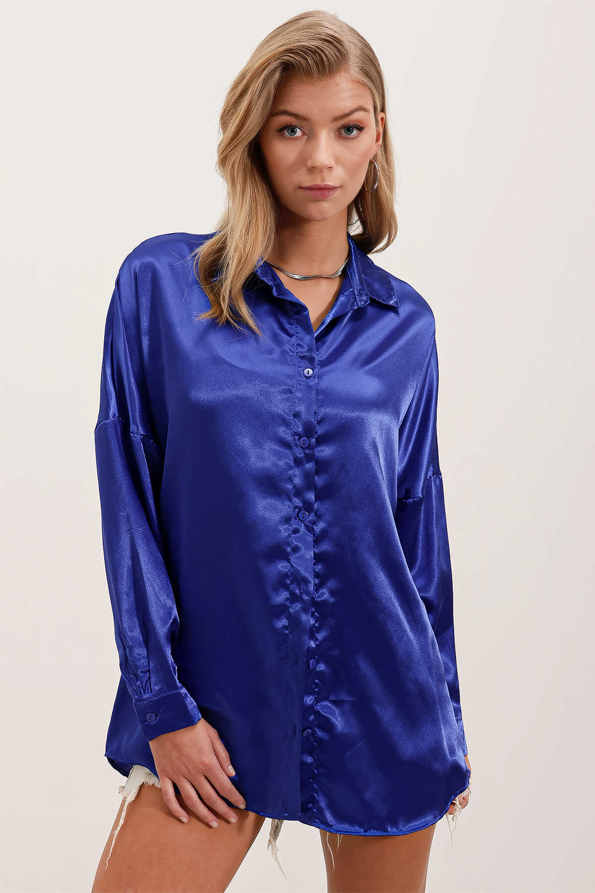 3985 Oversize Saten Gömlek - Saks - 4