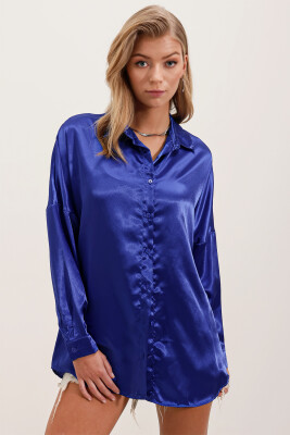3985 Oversize Saten Gömlek - Saks - 4