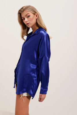 3985 Oversize Saten Gömlek - Saks - 5
