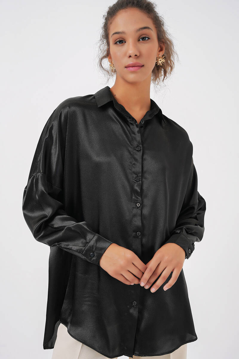 3985 Oversize Saten Gömlek - Siyah - BİGDART
