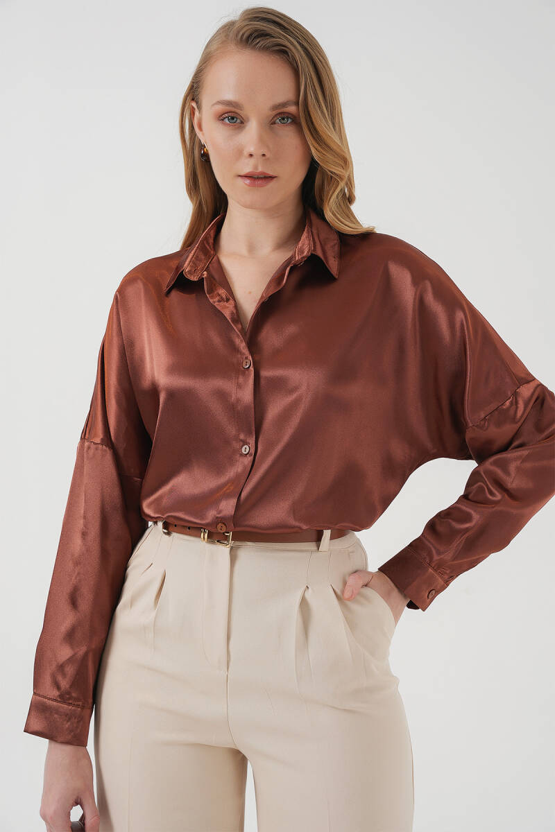 3985 Oversize Saten Gömlek - Taba - BİGDART