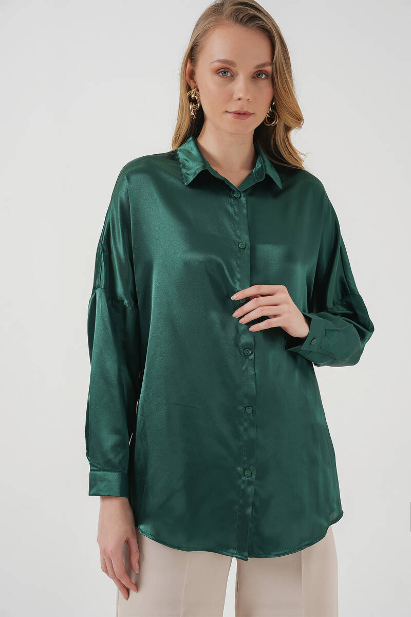 3985 Oversize Saten Gömlek - Zümrüt Yeşili - BİGDART