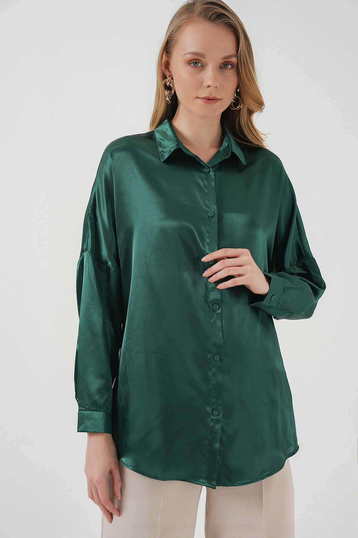 3985 Oversize Saten Gömlek - Zümrüt Yeşili - 1