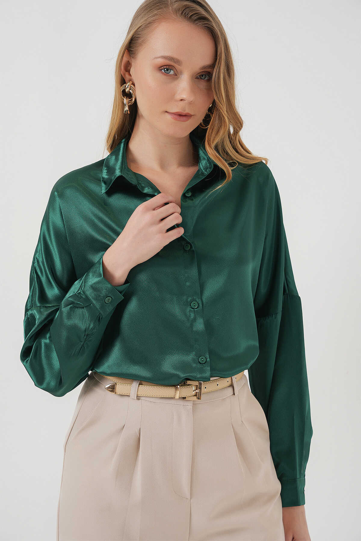 3985 Oversize Saten Gömlek - Zümrüt Yeşili - 3