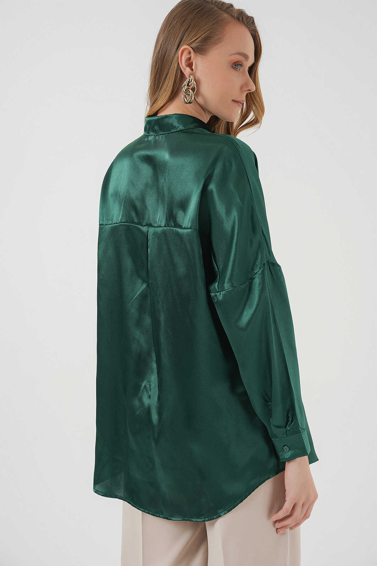 3985 Oversize Saten Gömlek - Zümrüt Yeşili - 6