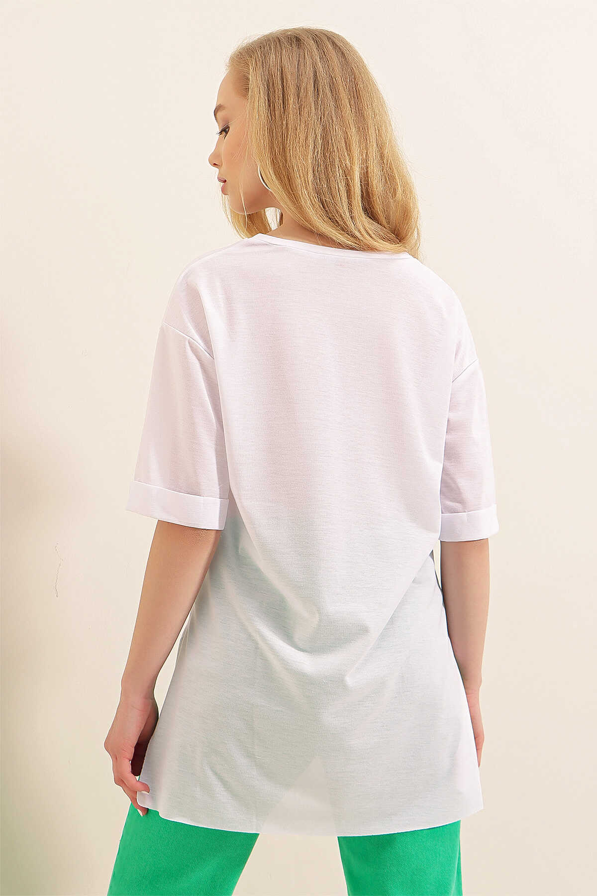 4123 Yırtmaçlı Oversize Tişört - Beyaz - 6