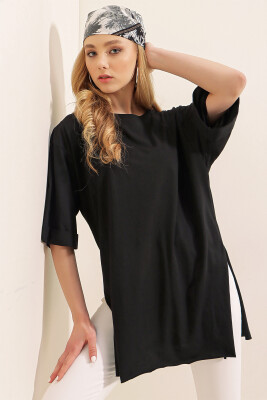 4123 Yırtmaçlı Oversize Tişört - Siyah 