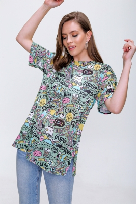 4124 Grafik Desen Oversize T-shirt - Yeşil 