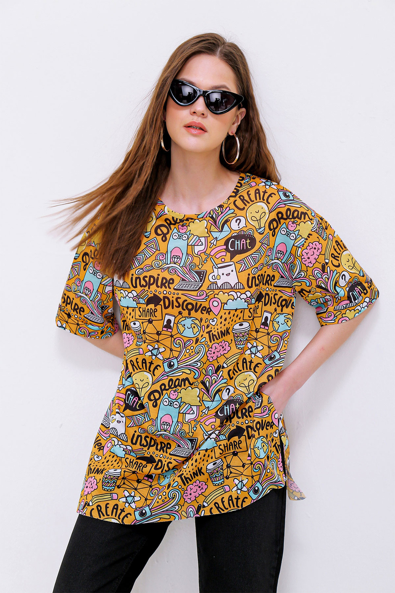 4124 Grafik Desen Oversize T-shirt - Hardal - BİGDART