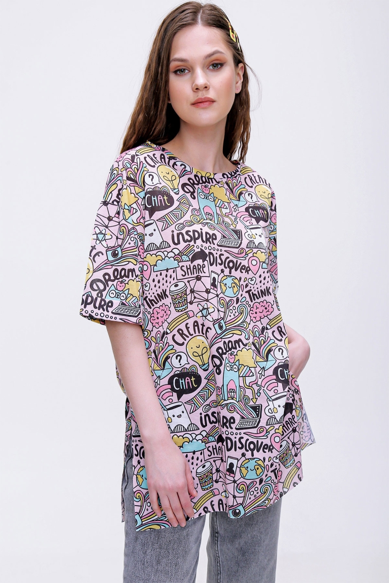 4124 Grafik Desen Oversize T-shirt - Pudra - BİGDART