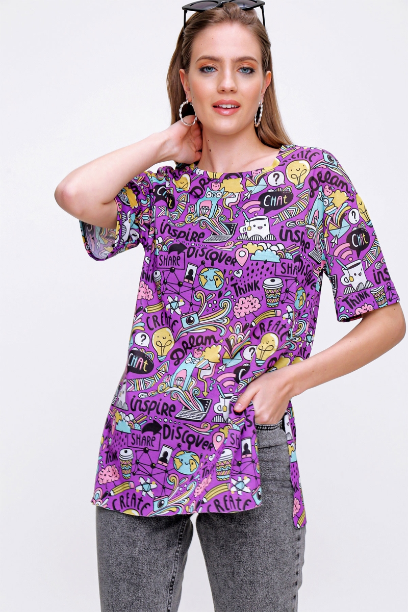 4124 Grafik Desen Oversize T-shirt - Mor - BİGDART