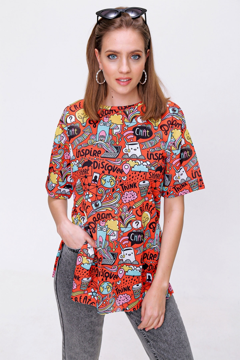 4124 Grafik Desen Oversize T-shirt - Turuncu - BİGDART