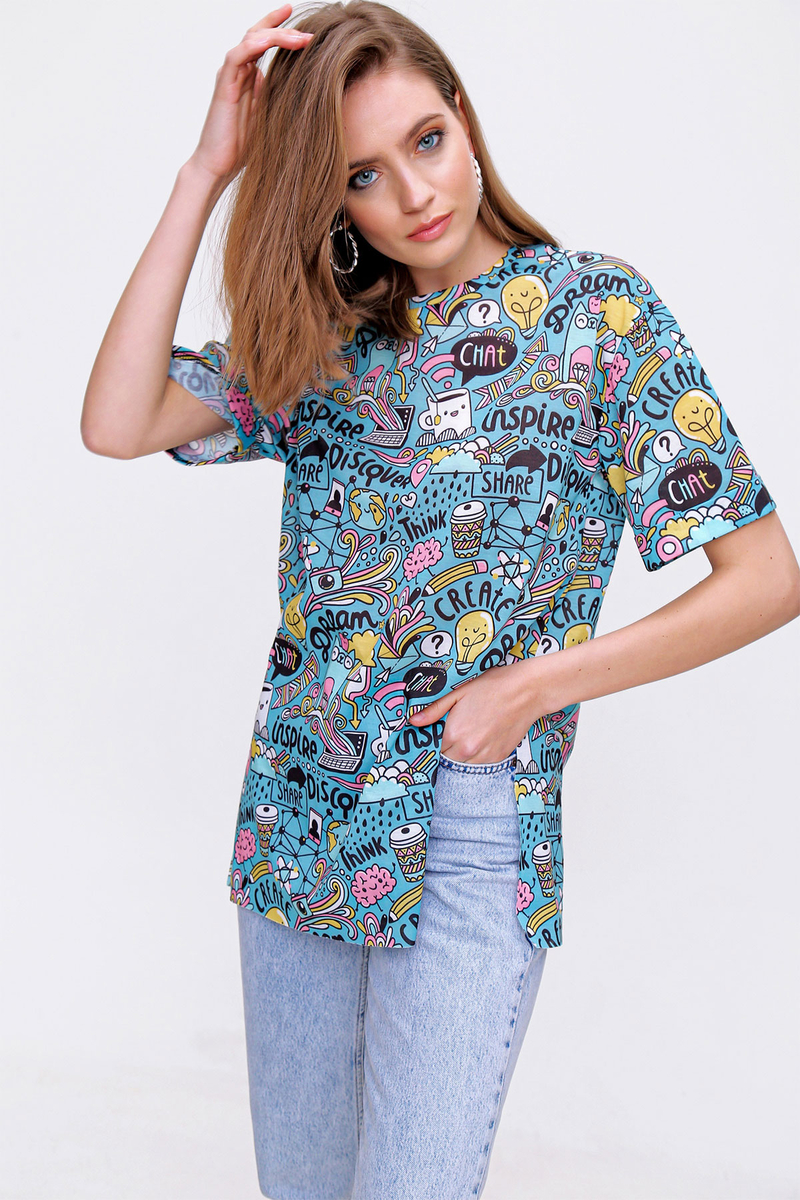 4124 Grafik Desen Oversize T-shirt - Petrol - BİGDART