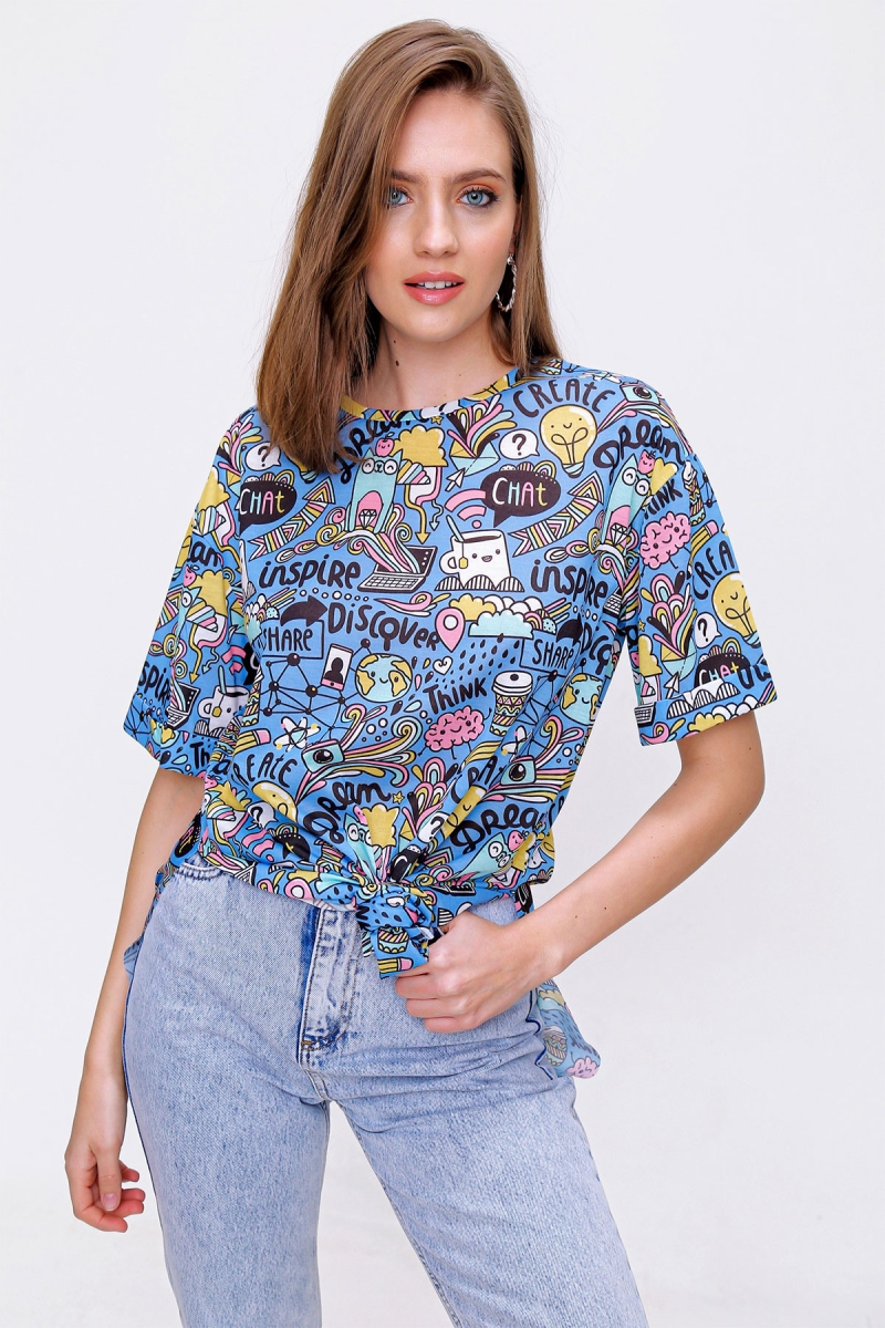 4124 Grafik Desen Oversize T-shirt - İndigo - BİGDART