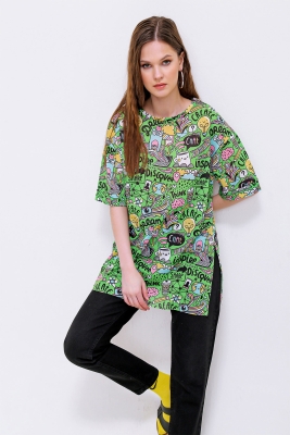 4124 Grafik Desen Oversize T-shirt - E.Yeşil 