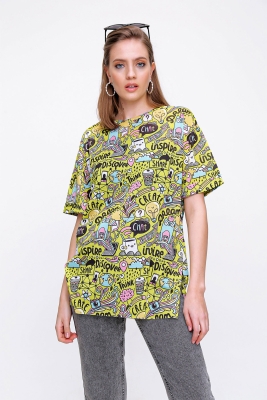 4124 Grafik Desen Oversize T-shirt - Sarı 