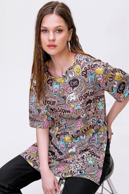 4124 Grafik Desen Oversize T-shirt - Kahverengi 