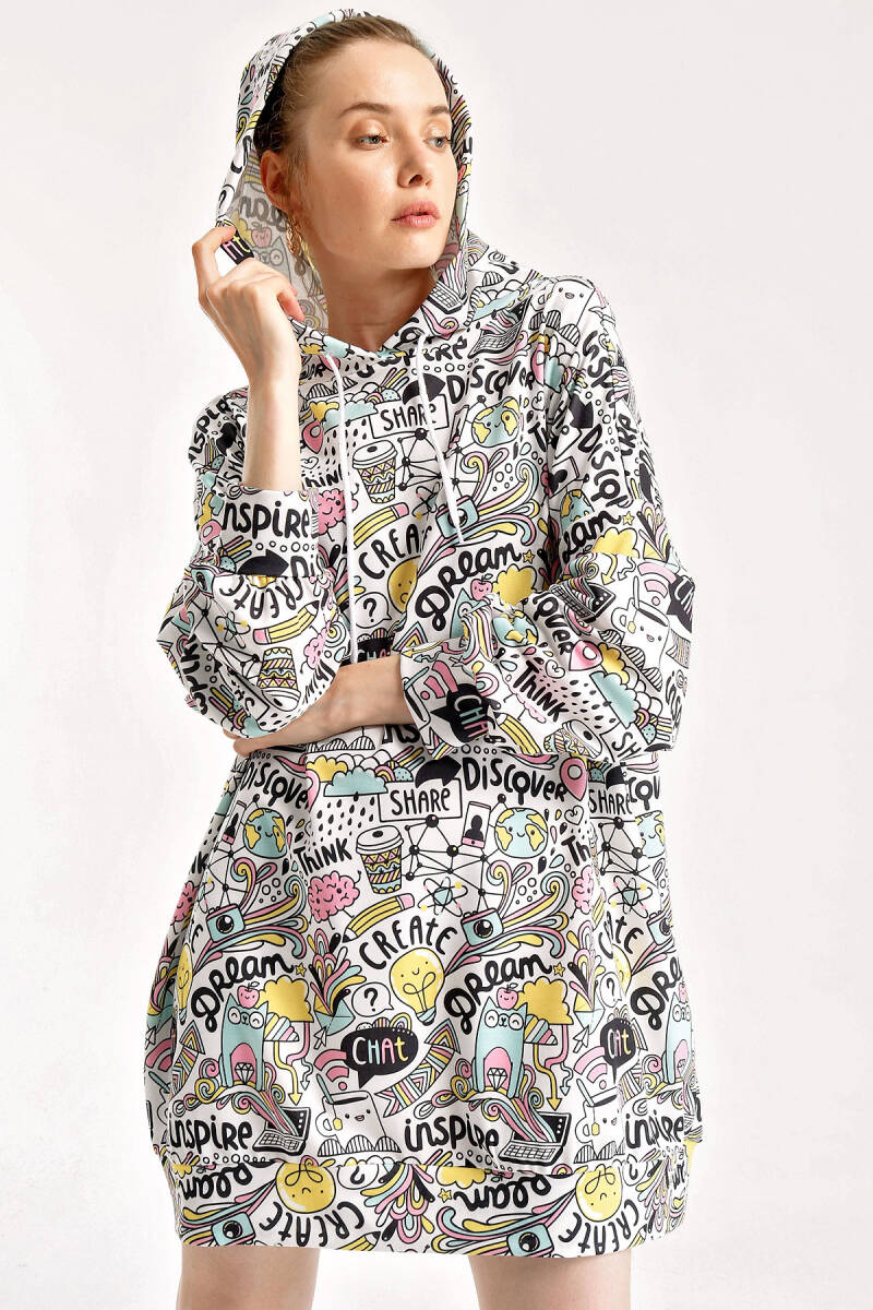 4125 Oversize Sweat Elbise - Beyaz - BİGDART