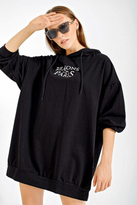 4125 Oversize Sweat Elbise - Düz Siyah 