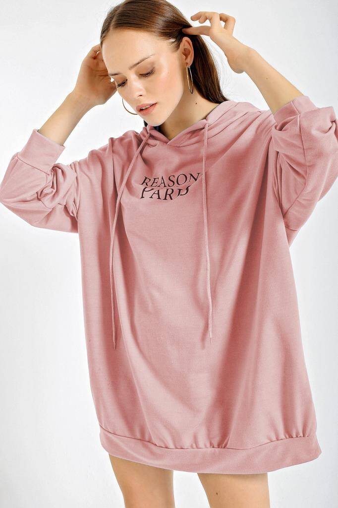 4125 Oversize Sweat Elbise - Pudra - BİGDART