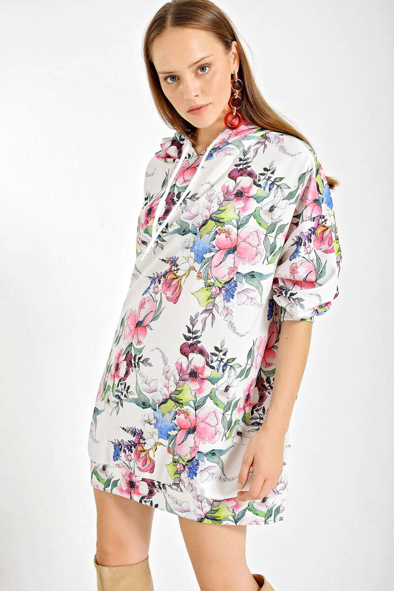 4125 Oversize Sweat Elbise - Beyaz - BİGDART