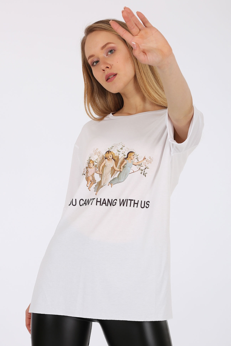 4139 BASKILI YIRTMAÇLI SALAŞ T-SHİRT - Beyaz - BİGDART