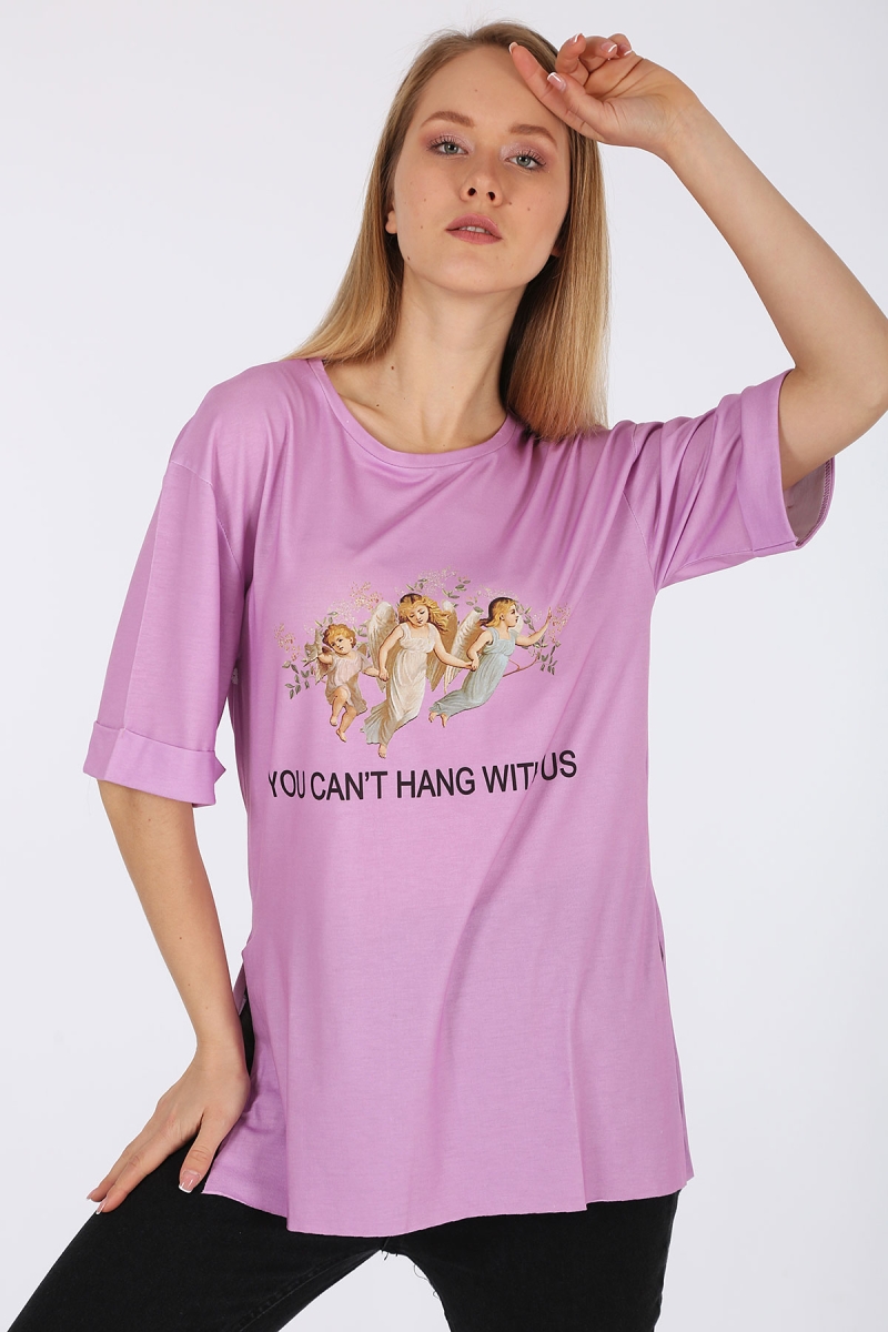 4139 BASKILI YIRTMAÇLI SALAŞ T-SHİRT - Lila - BİGDART