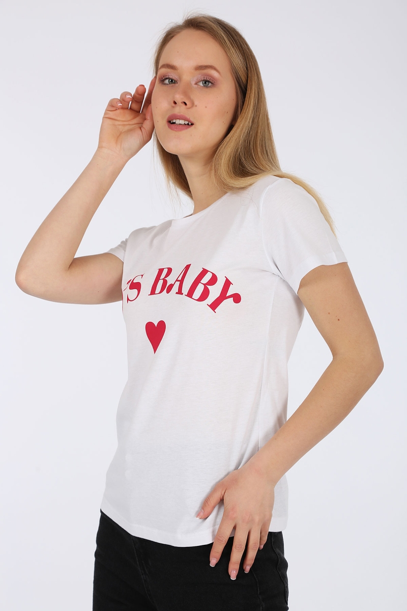 4173 Baskılı Kısa Kol Tshirt - Beyaz - BİGDART