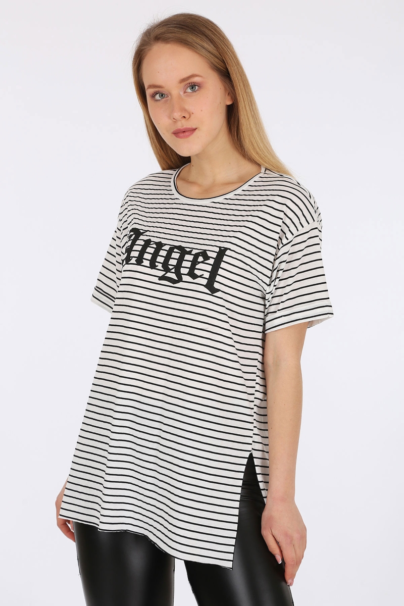 4270 Çizgili Yanı Yırtmaçlı Tshirt - Beyaz - BİGDART