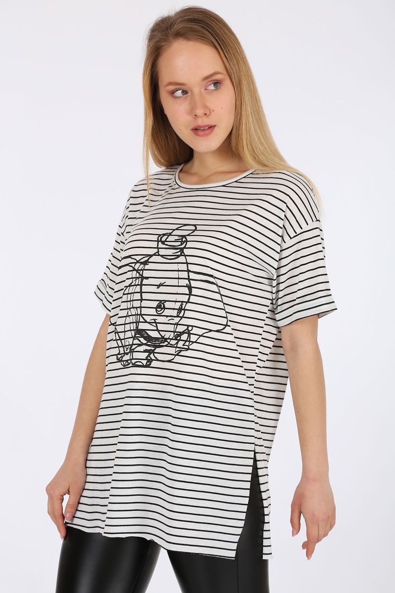 4270 Çizgili Yanı Yırtmaçlı Tshirt - Beyaz - BİGDART