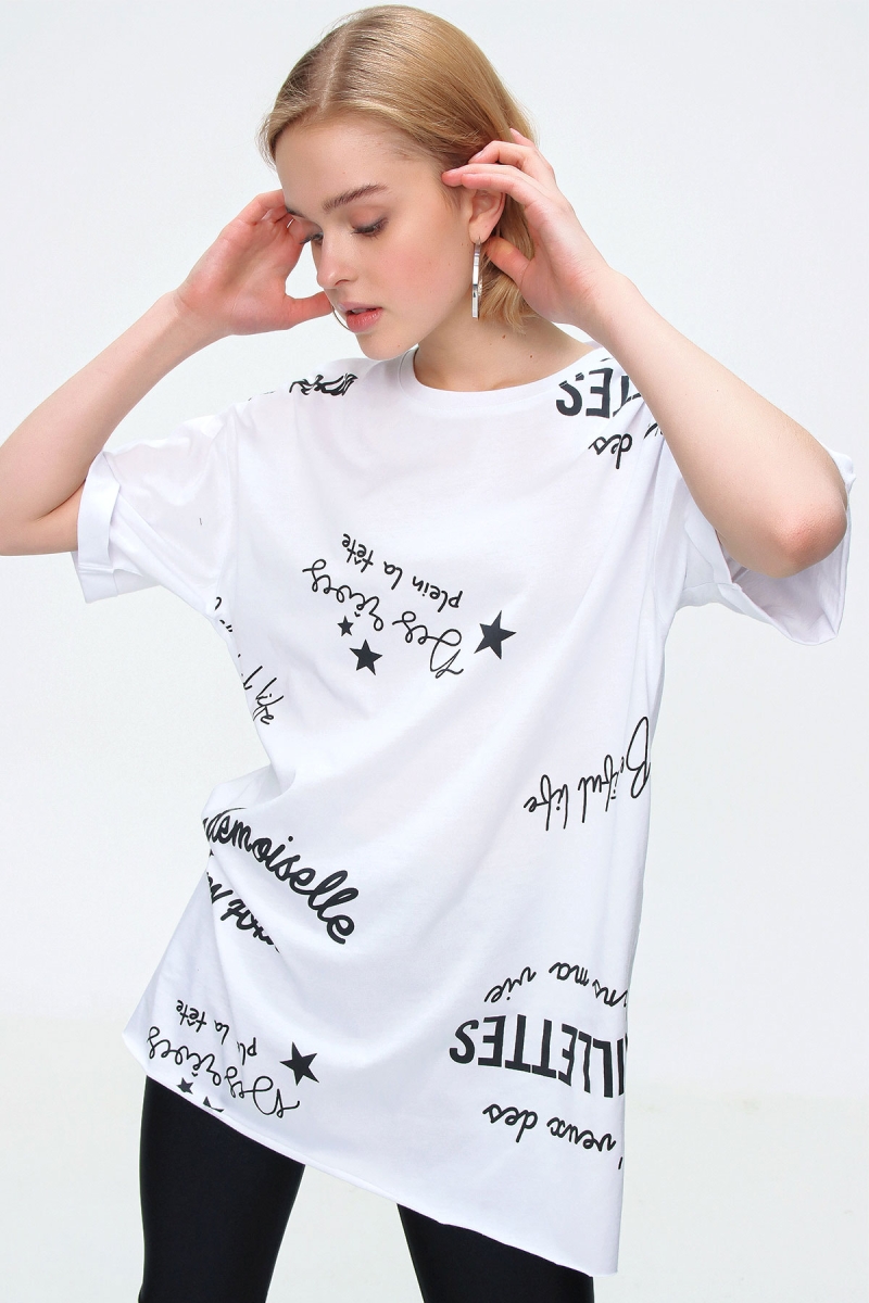 4275 Baskılı Oversize Tshirt - Beyaz - BİGDART