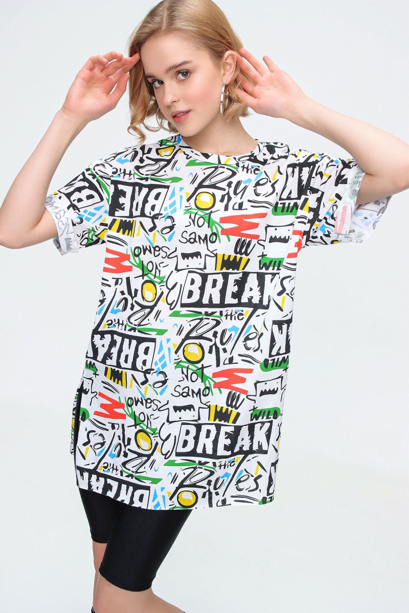 4280 Yırtmaçlı Oversize Tshirt - Beyaz - BİGDART