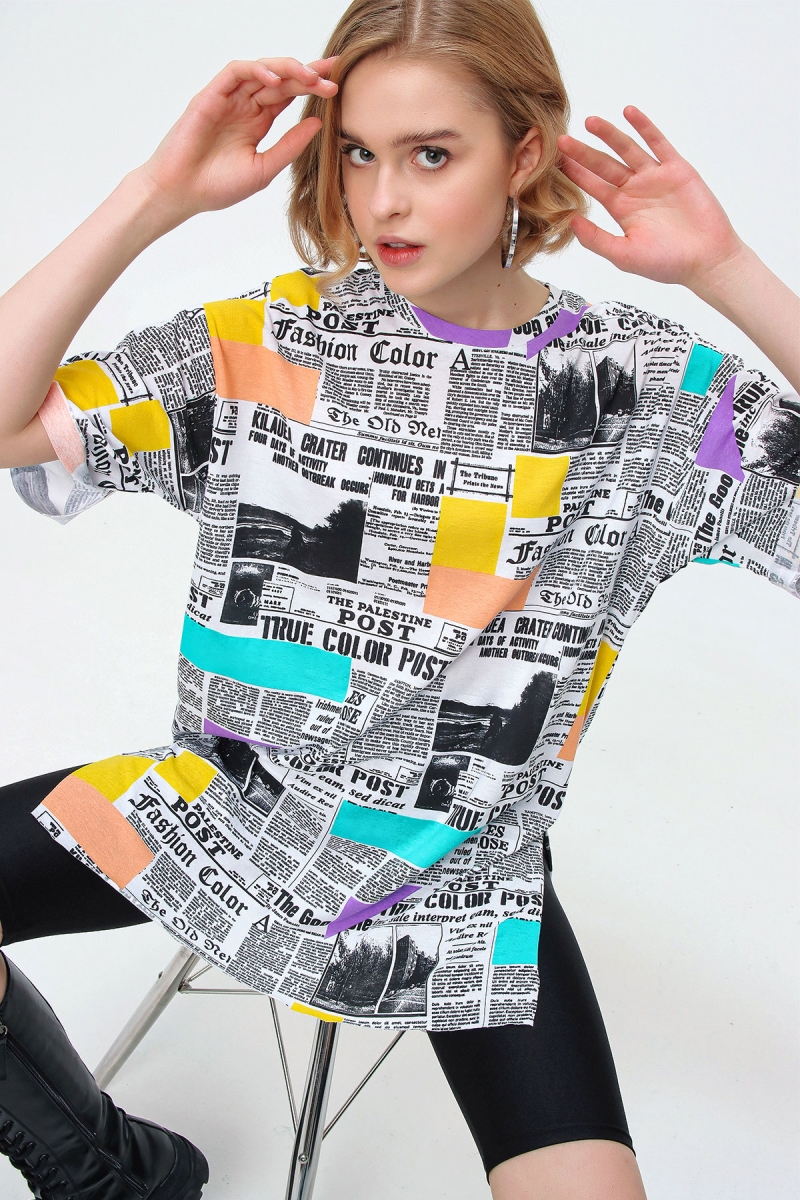 4280 Yırtmaçlı Oversize Tshirt - Çok Renkli - BİGDART