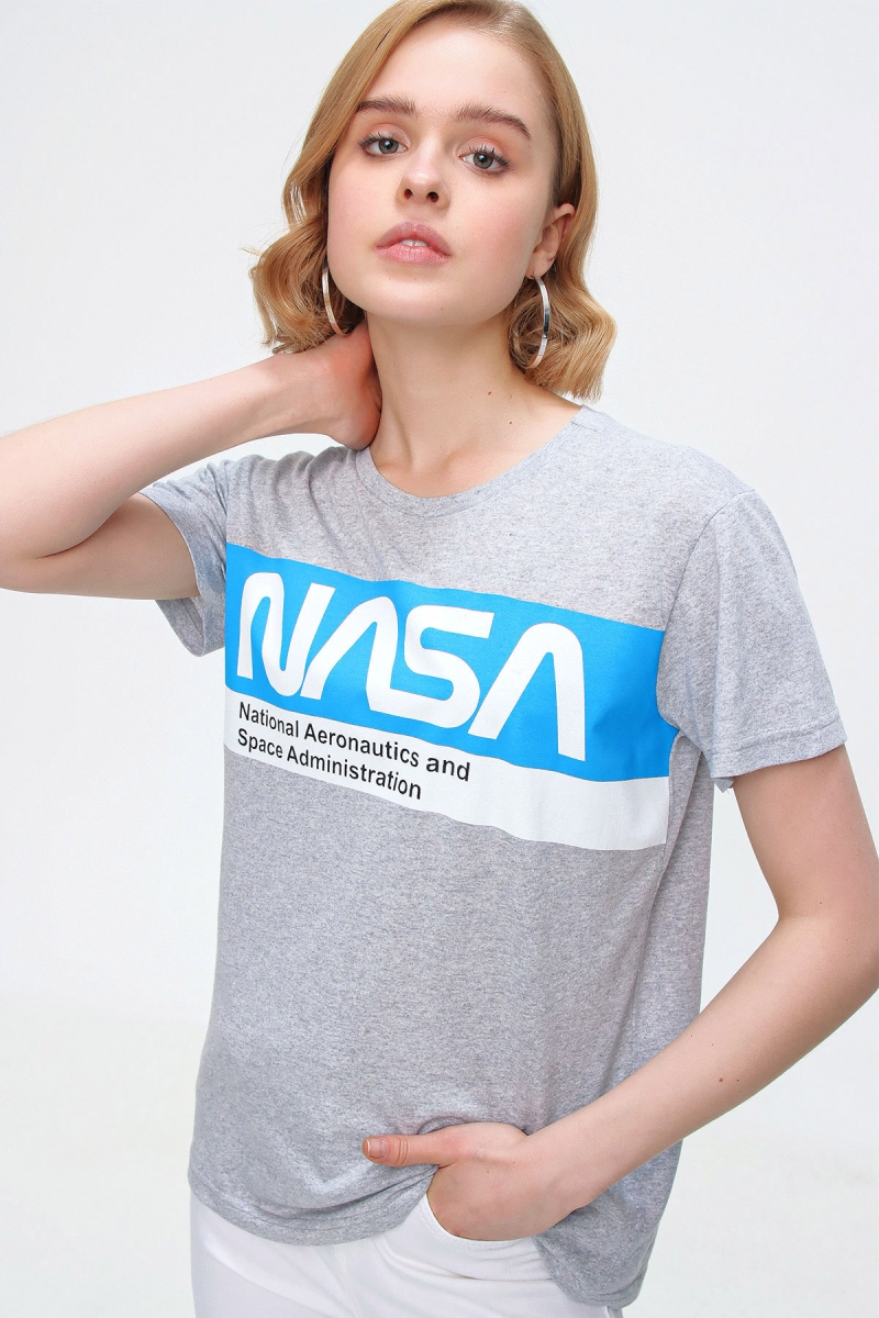 4286 Nasa Baskılı Tshirt - Gri - BİGDART