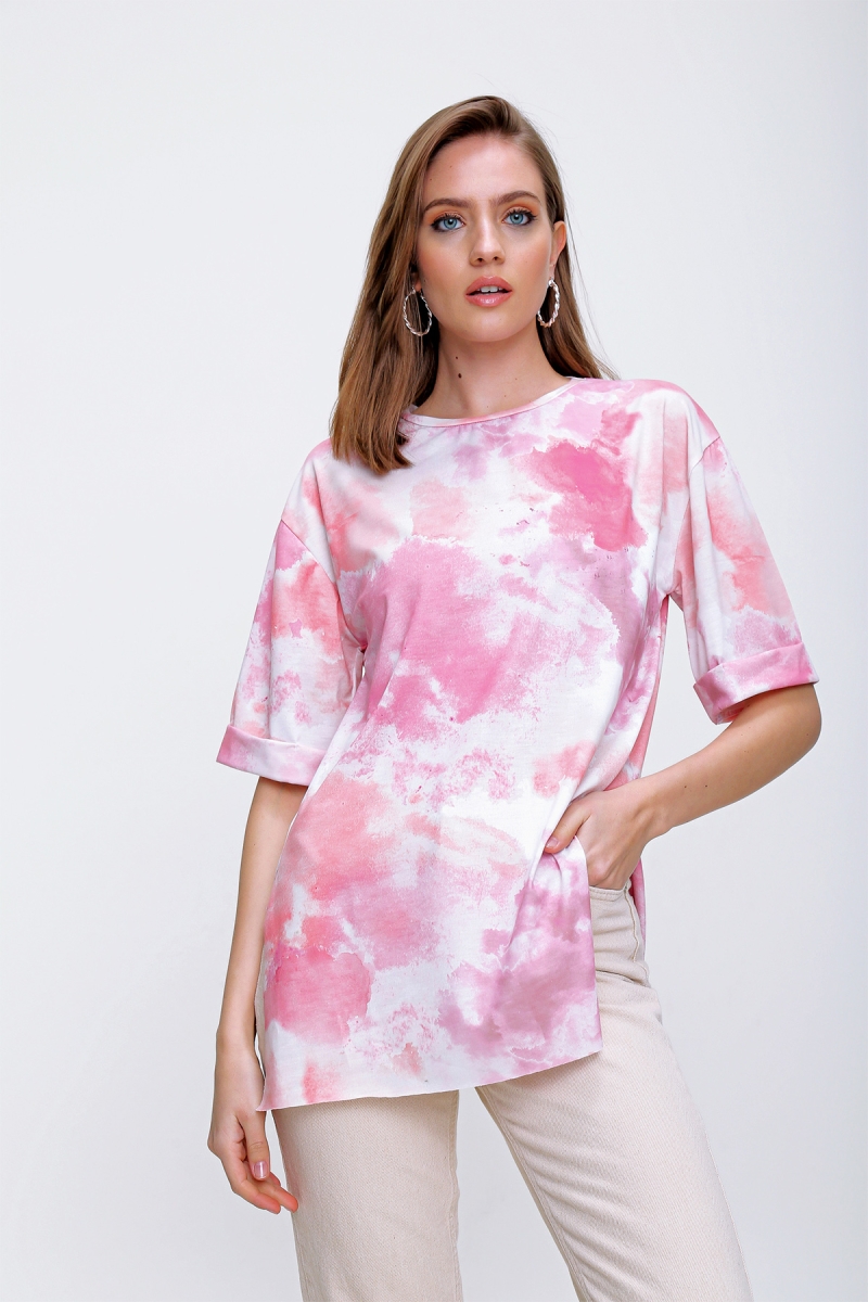 4288 Batik Desen Oversize T-shirt - Pudra - BİGDART