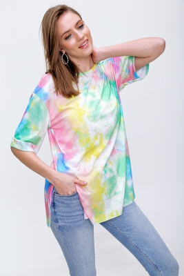 4288 Batik Desen Oversize T-shirt - E.Yeşil 