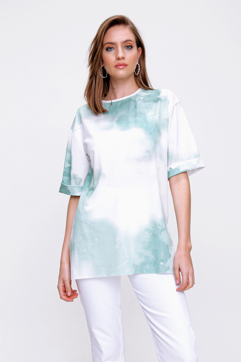 4288 Batik Desen Oversize T-shirt - Yeşil - BİGDART