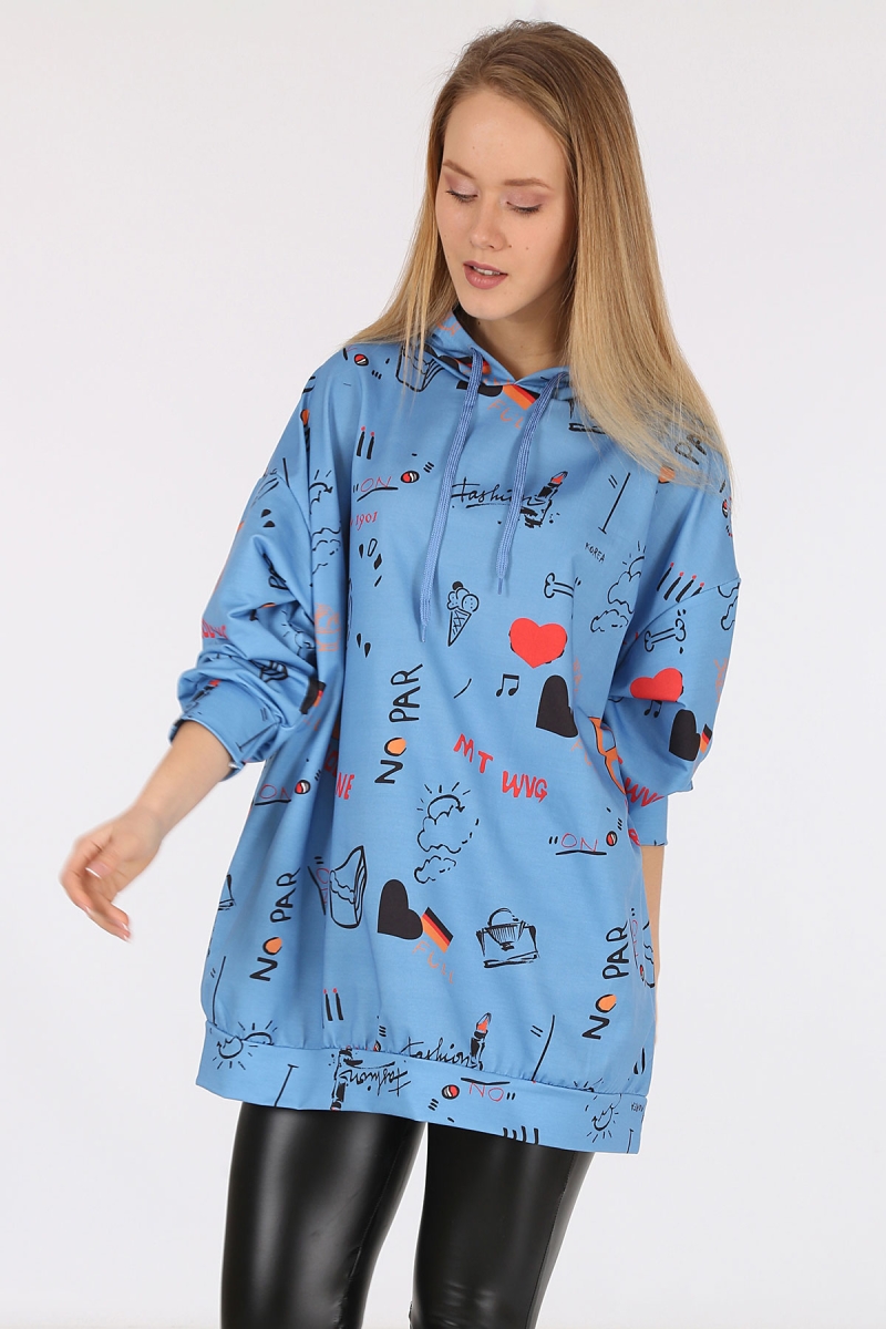 4289 Kapüşonlu Oversize Sweatshirt - İndigo - BİGDART