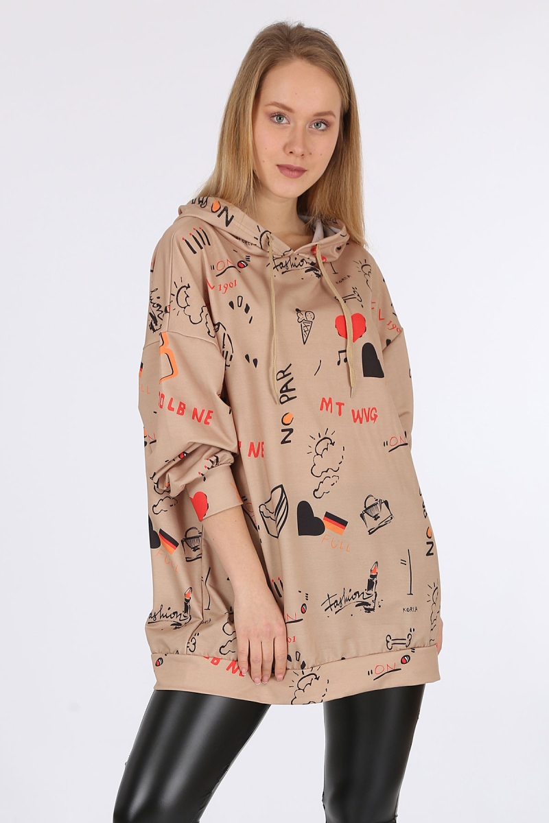 4289 Kapüşonlu Oversize Sweatshirt - Camel - BİGDART