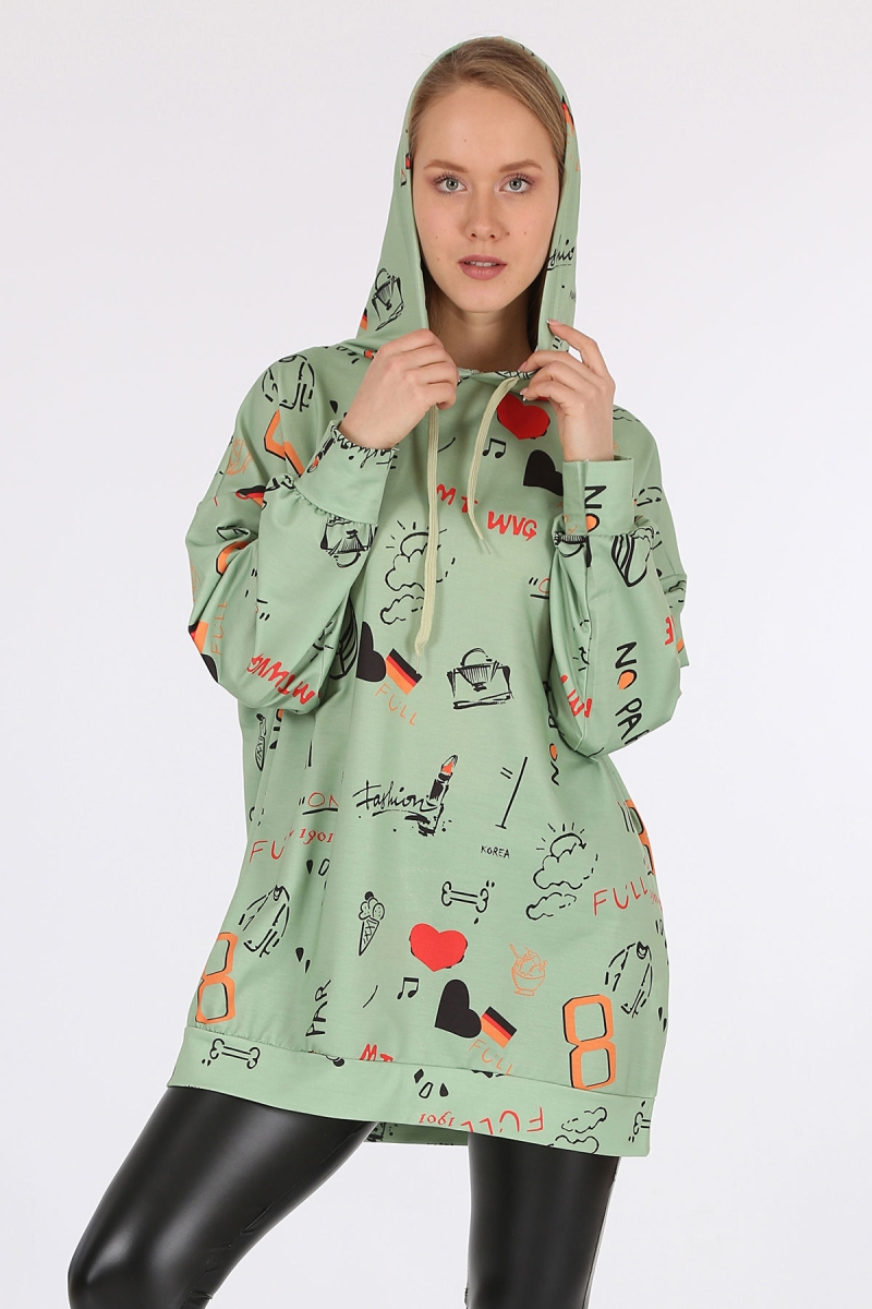 4289 Kapüşonlu Oversize Sweatshirt - Yeşil - BİGDART