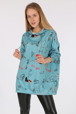 4289 Kapüşonlu Oversize Sweatshirt - Turkuaz 