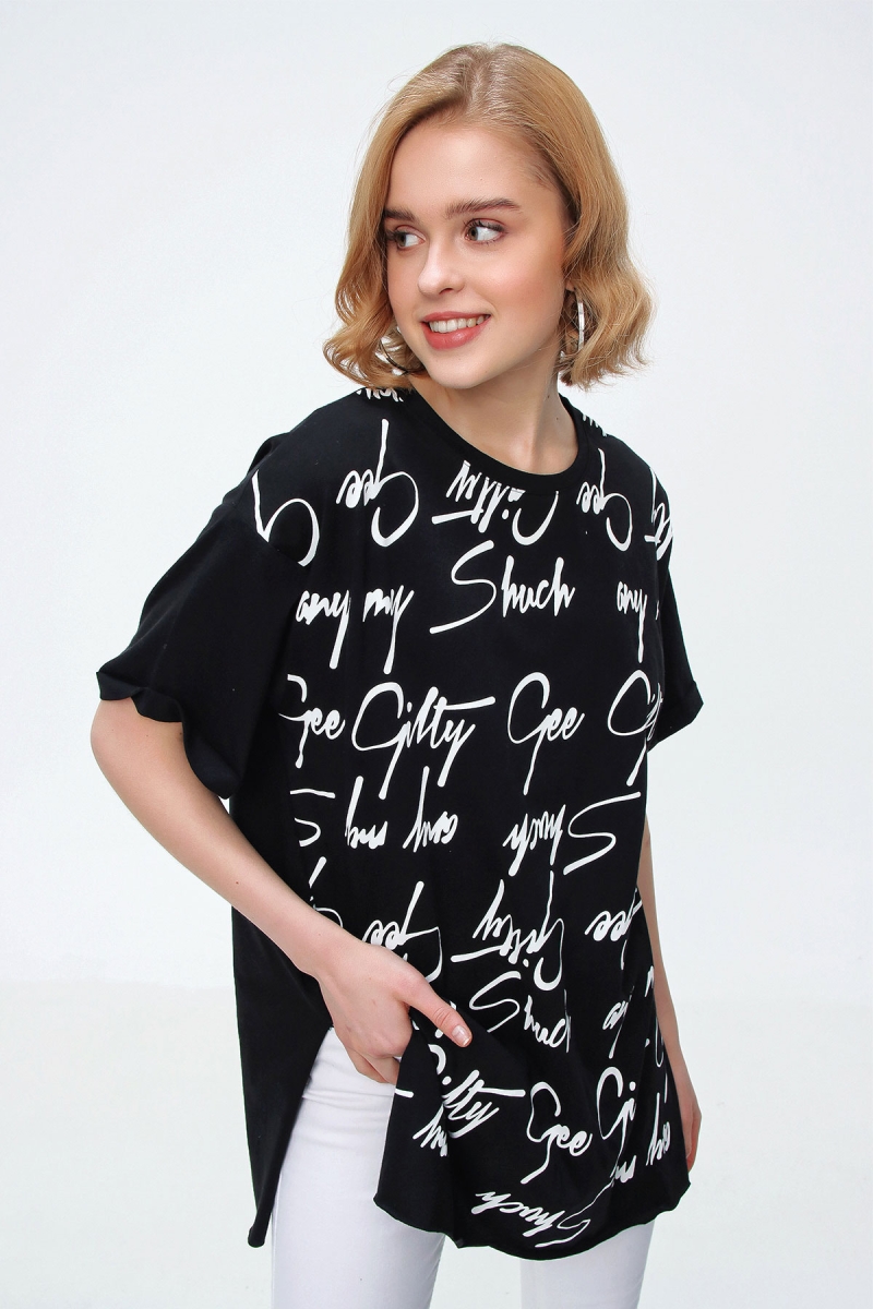 4290 Yazı Baskılı Tshirt - Siyah - BİGDART