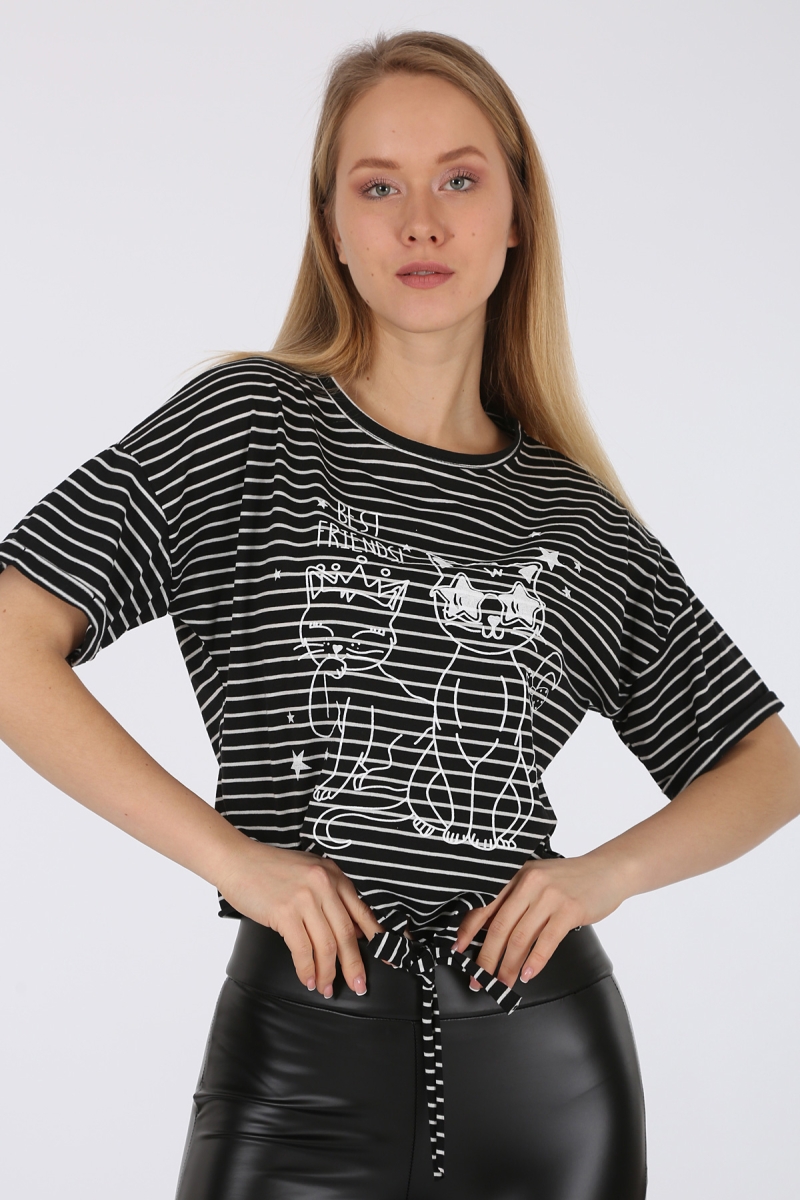 4293 Kedi Baskılı T-shirt - Siyah - BİGDART