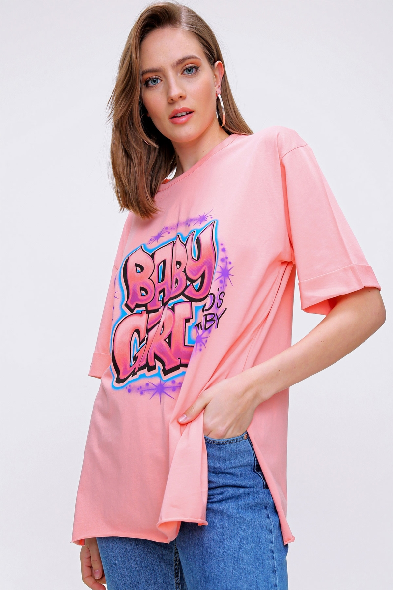 4294 Baby Girl Baskılı T-shirt - Somon - BİGDART
