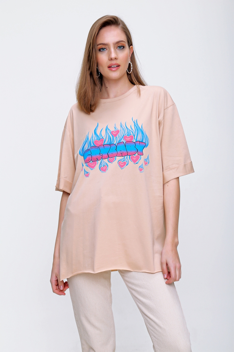 4295 Cry Baby Baskılı T-shirt - Vizon - BİGDART