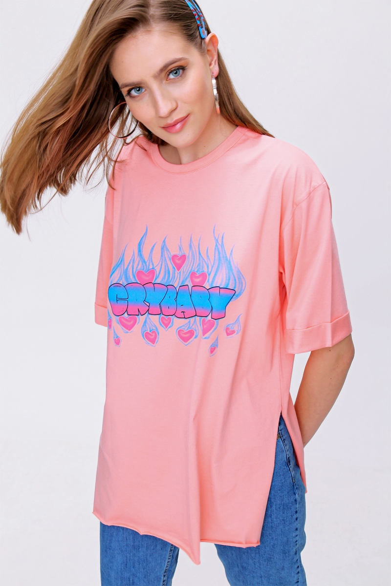 4295 Cry Baby Baskılı T-shirt - Somon - BİGDART