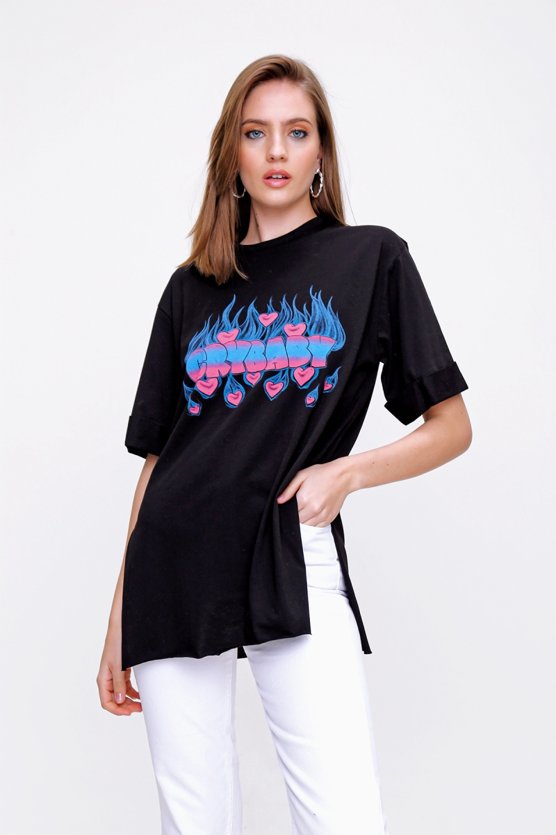 4295 Cry Baby Baskılı T-shirt - Siyah - BİGDART