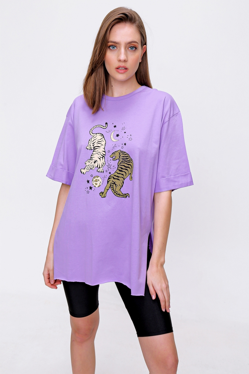 4296 Kaplan Baskılı T-shirt - Lila - BİGDART