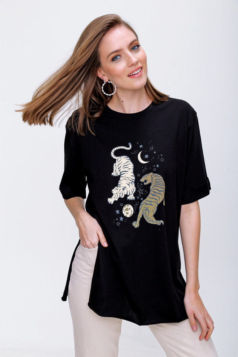 4296 Kaplan Baskılı T-shirt - Siyah - BİGDART
